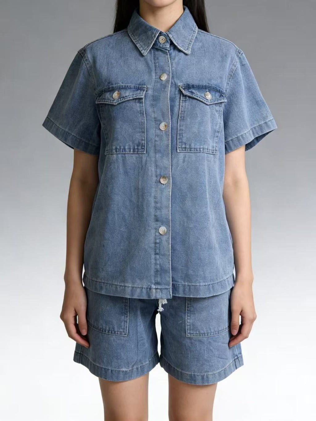 Button Up Short Sleeve Top and Shorts Denim Set