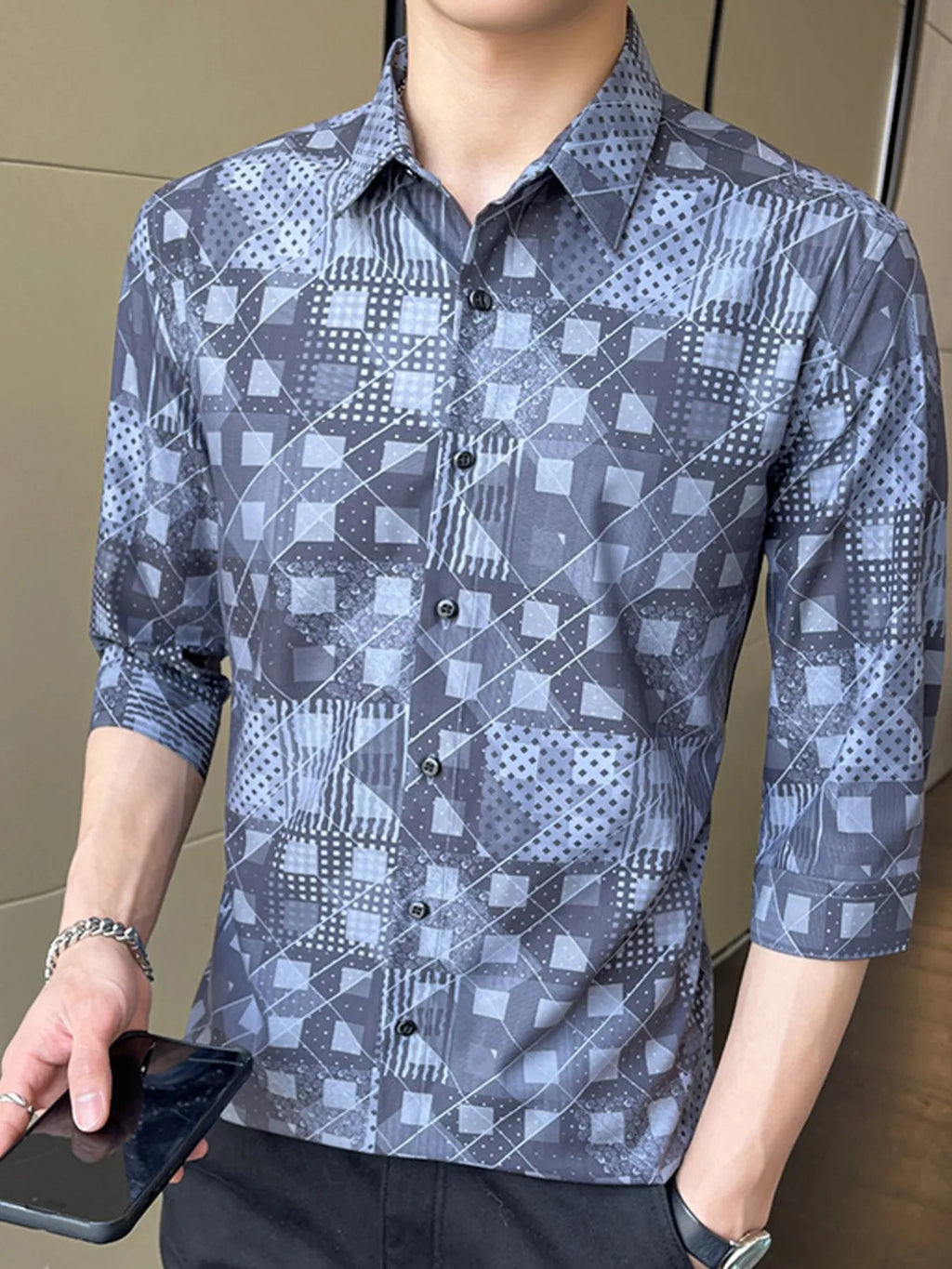 Men's Plus Size Geometric Print Slim Fit Casual Shirt