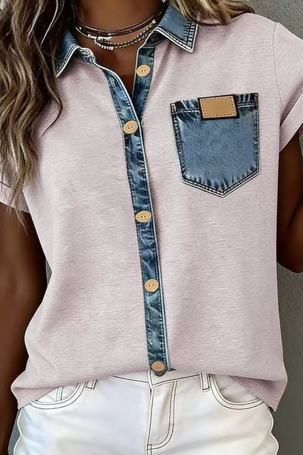 Denim Trim Button-Down Shirt