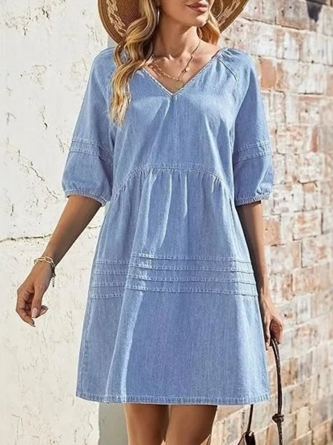 Casual V-Neck Puff Sleeve Denim Mini Dress