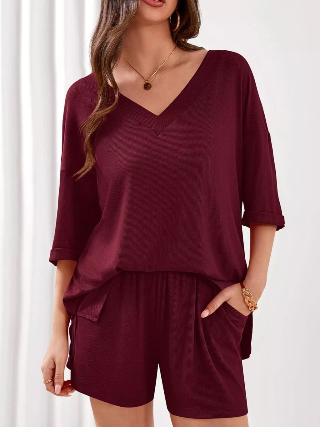 Casual Solid Color V-Neck Top & Shorts Set