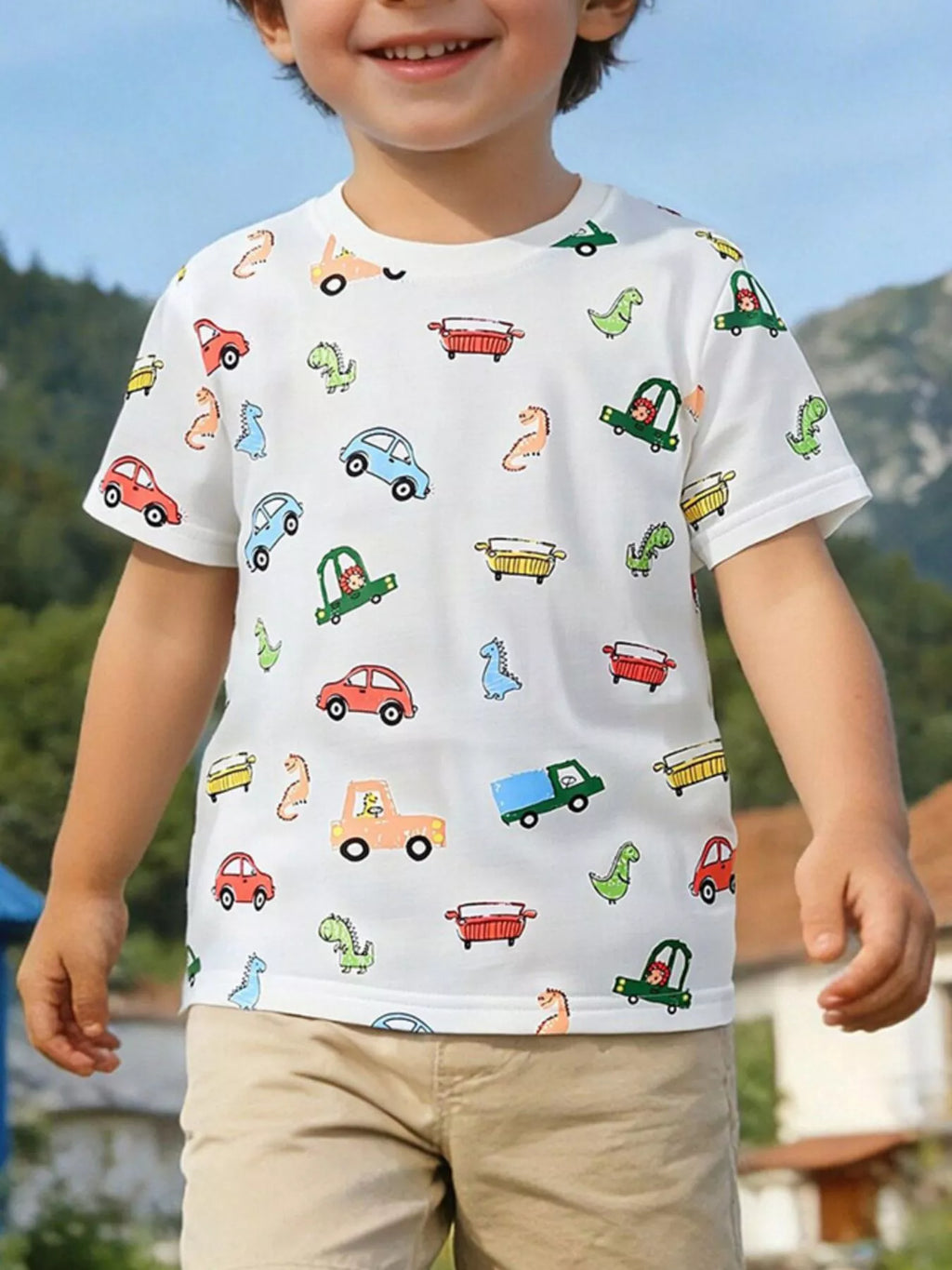 Children's Cartoon Car & Dinosaur Print Crew Neck Short Sleeve T-Shirt