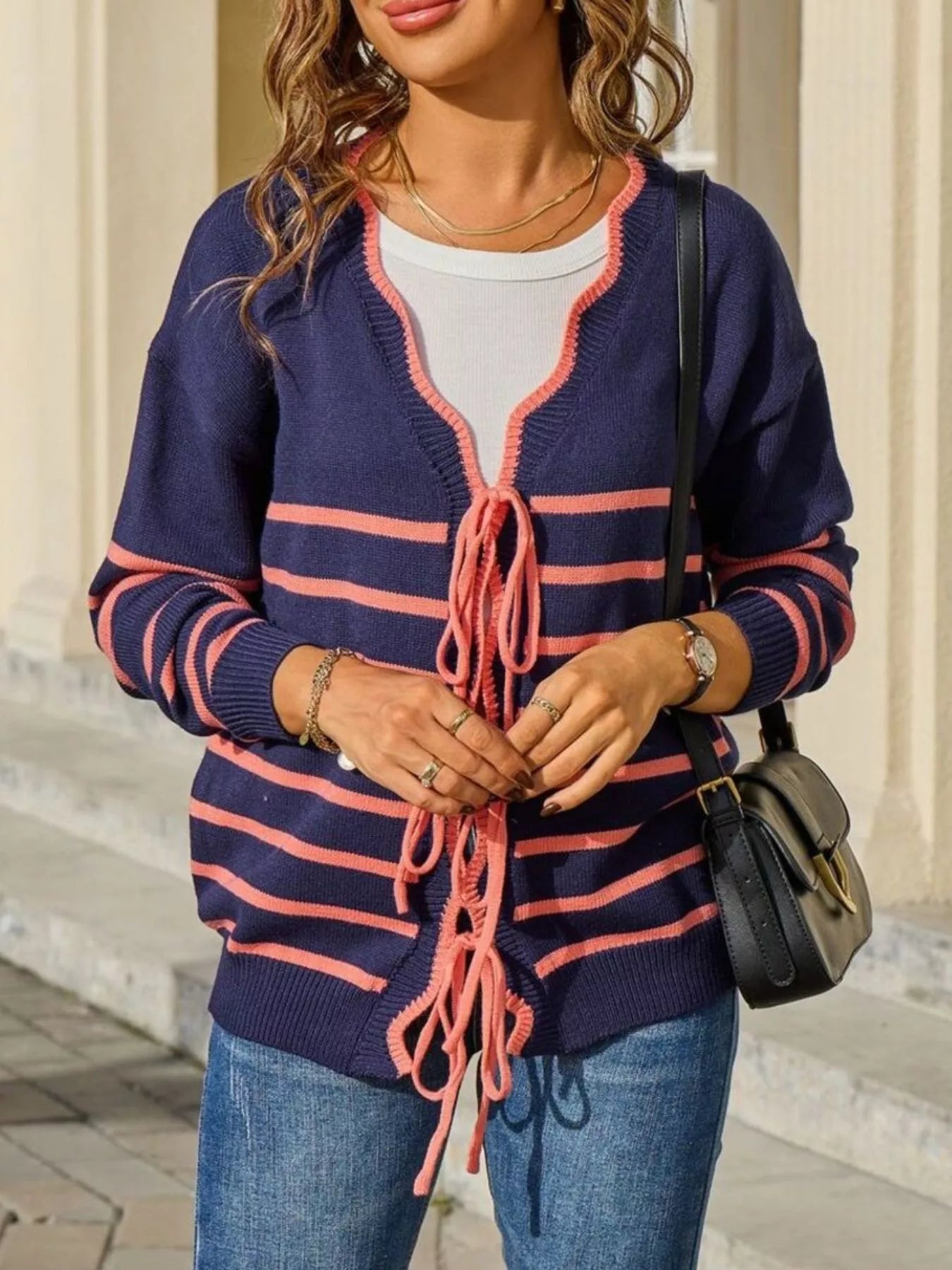 Striped Tie Front Knit Cardigan