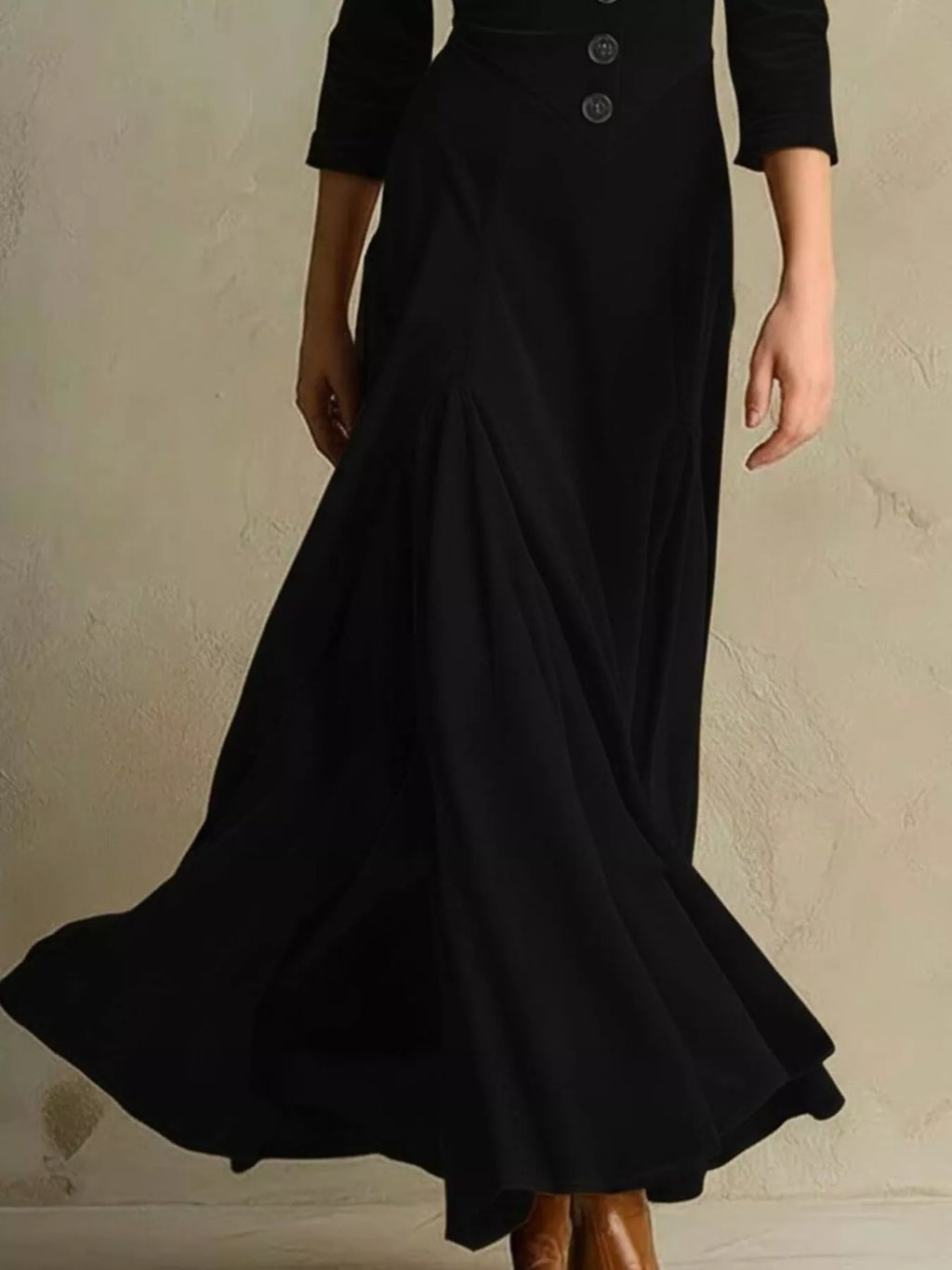 Velvet Button Front 3/4 Sleeve Maxi Dress