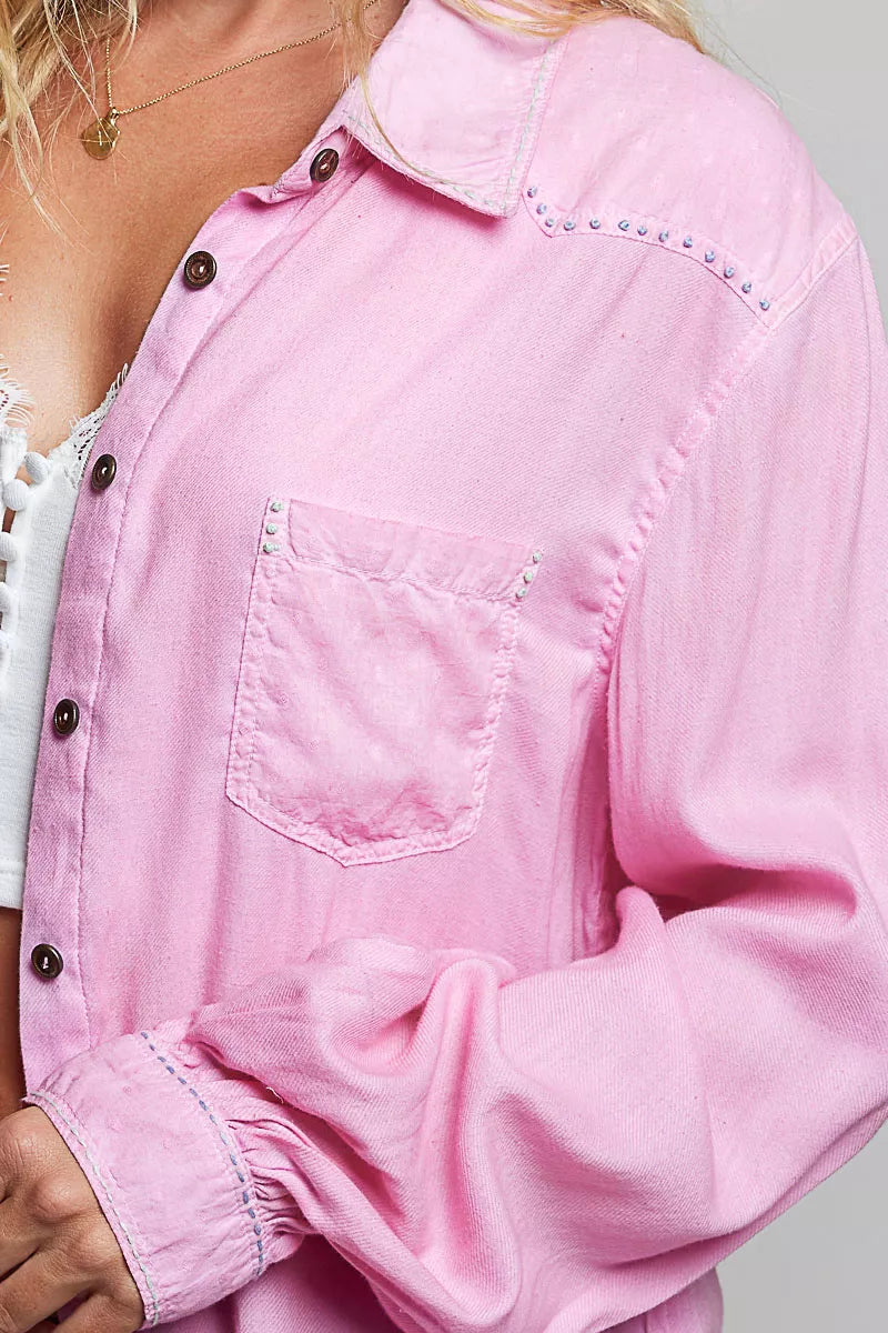 POL Washed Textured Cotton Western Button Front Shirt