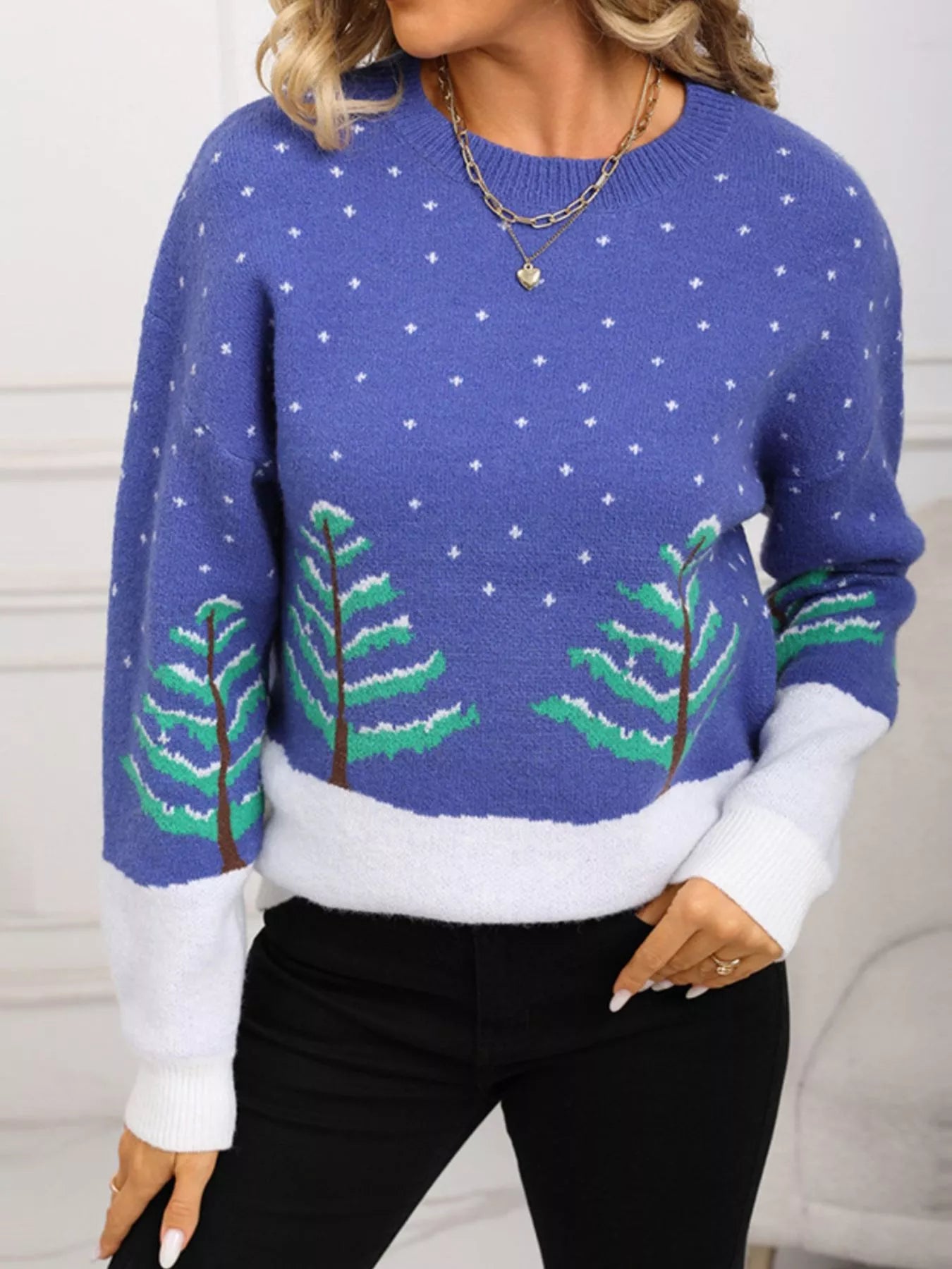 Tree Pattern Round Neck Sweater