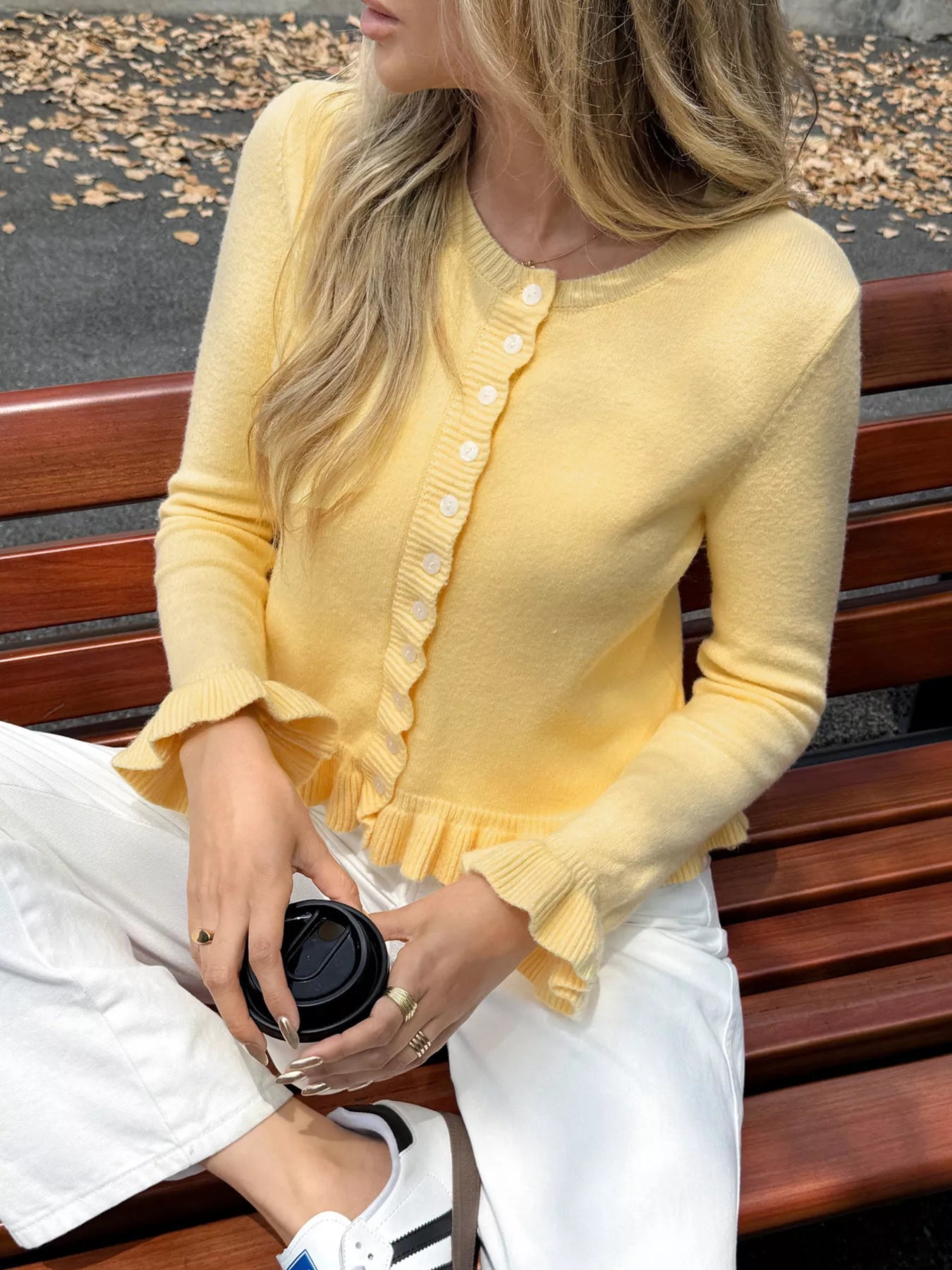Ruffled Trim Button-Up Knit Cardigan