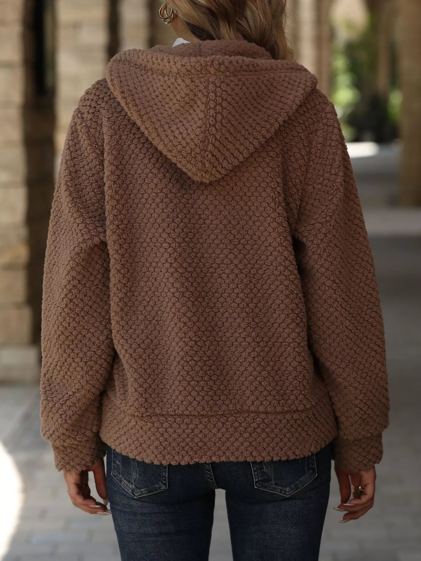 Textured Knit Zip-Up Hooded Outerwear