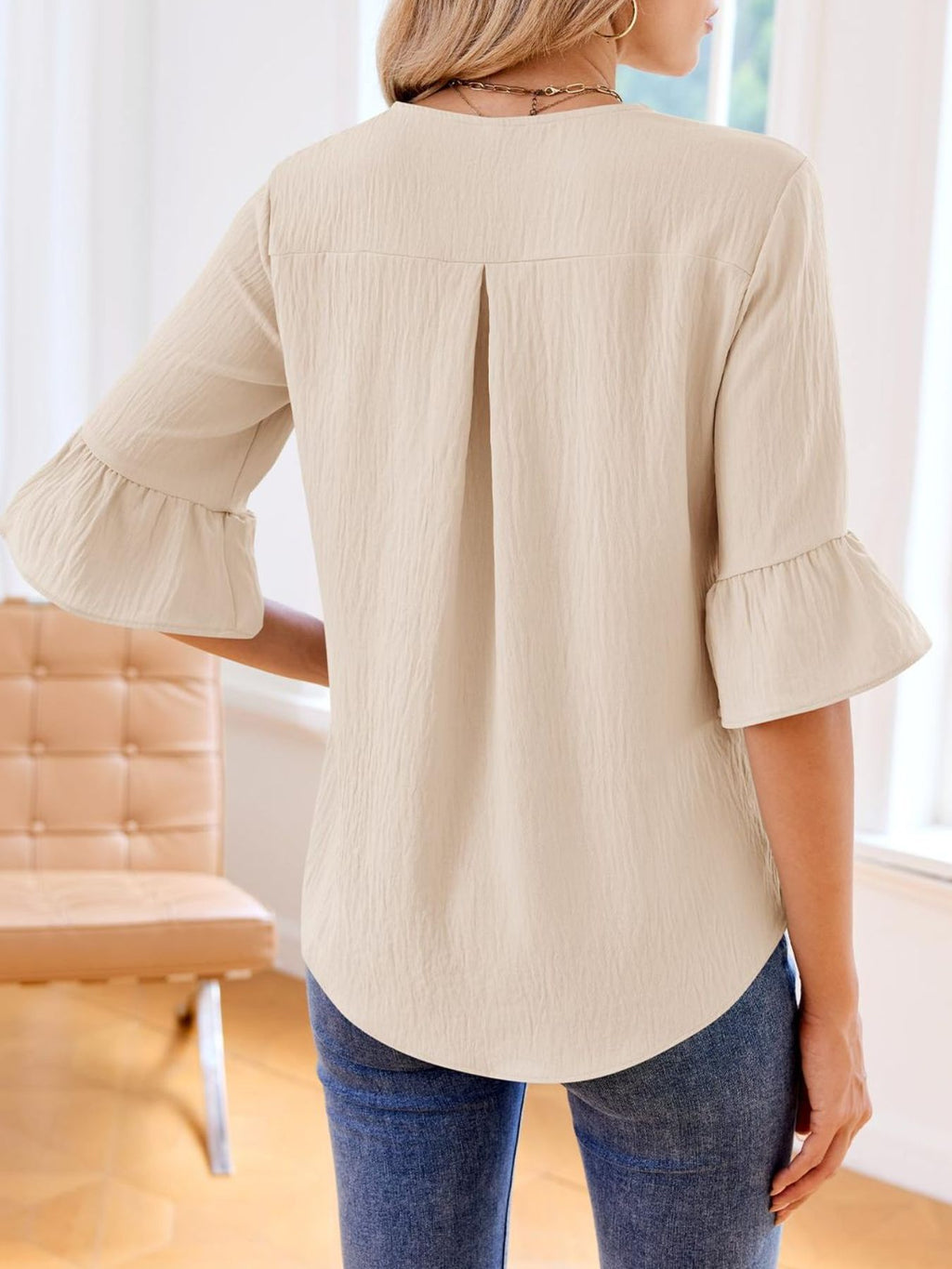 Ruffle V-Neck Flounce Sleeve Blouse