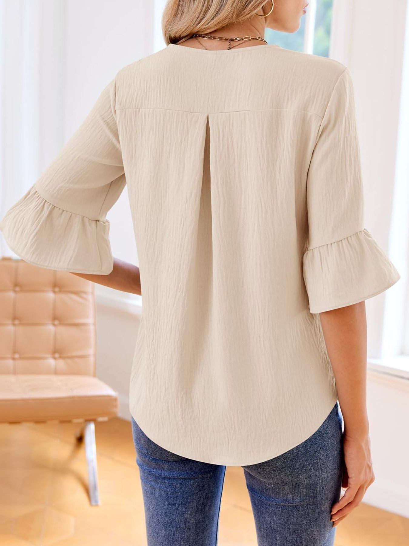 Ruffle V-Neck Flounce Sleeve Blouse