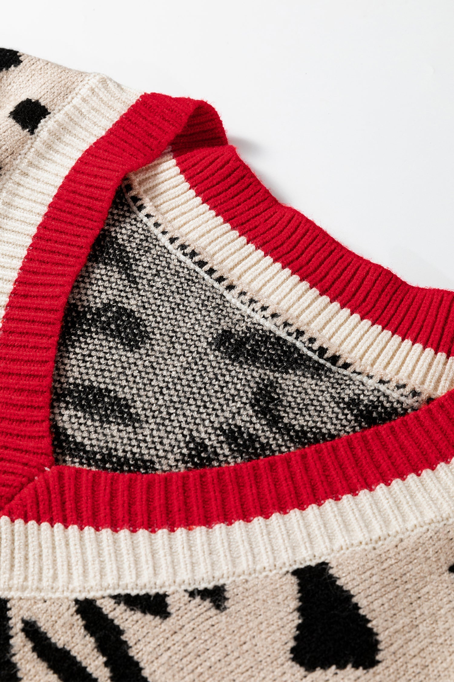 Leopard Contrast Stripe Ribbed Knit V-Neck Sweater