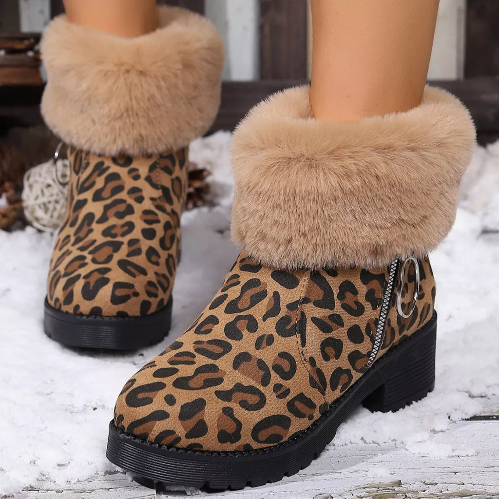 Fuzzy Cuff Leopard Print Ankle Boots
