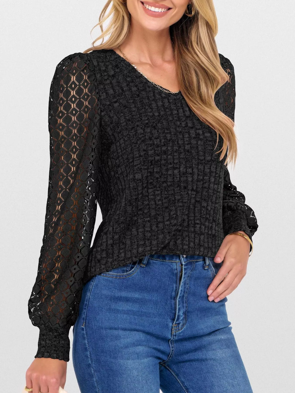 Lace Sleeve V-Neck T-Shirt