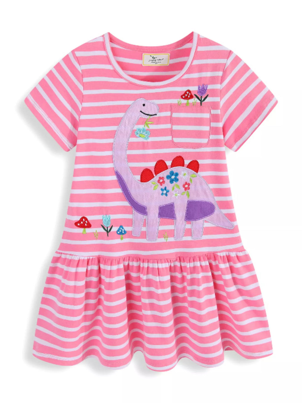Children's Striped Dinosaur Embroidered Casual Dress