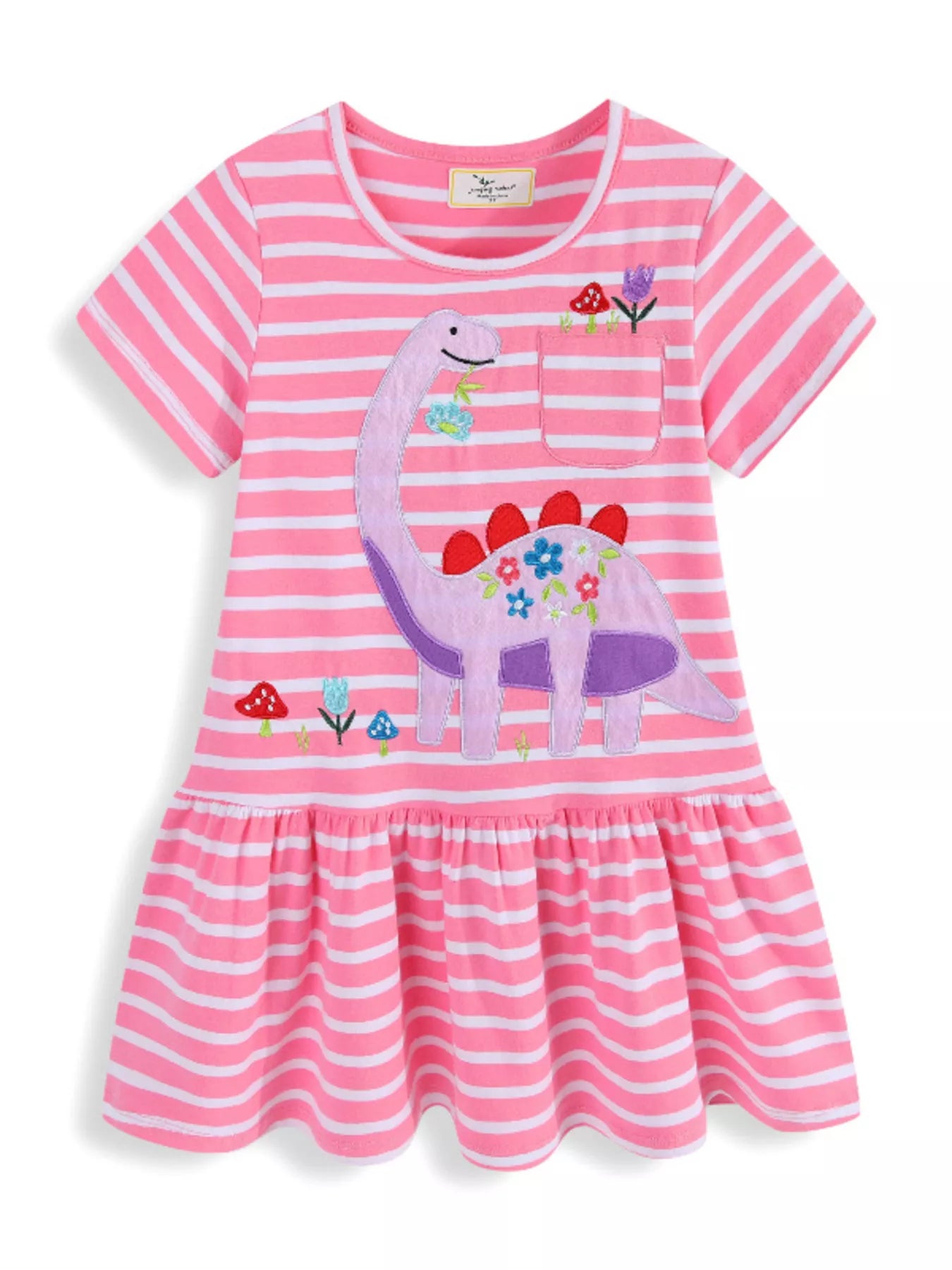 Children's Striped Dinosaur Embroidered Casual Dress