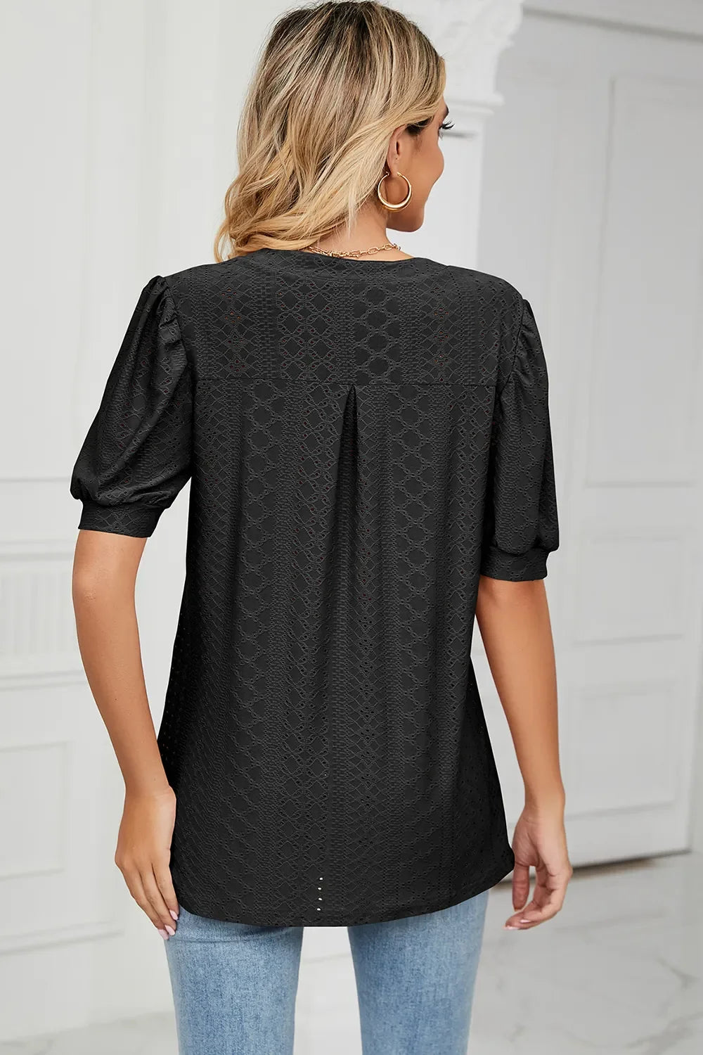 Eyelet Notched Short Sleeve T-Shirt