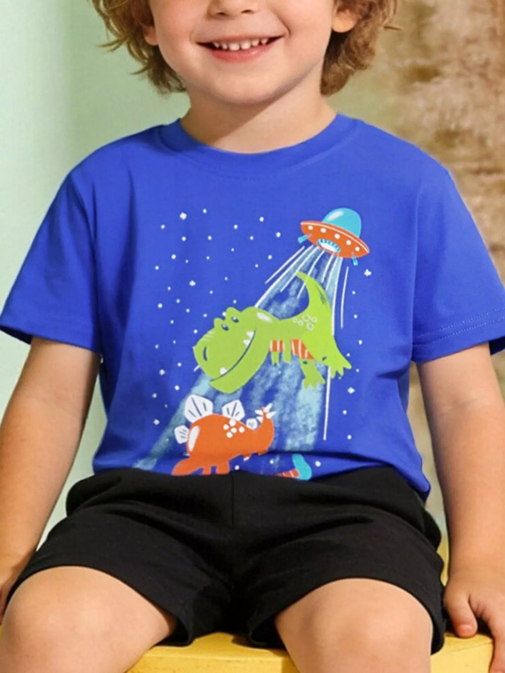 Children's Dinosaur & UFO Graphic Crew Neck Short Sleeve T-Shirt