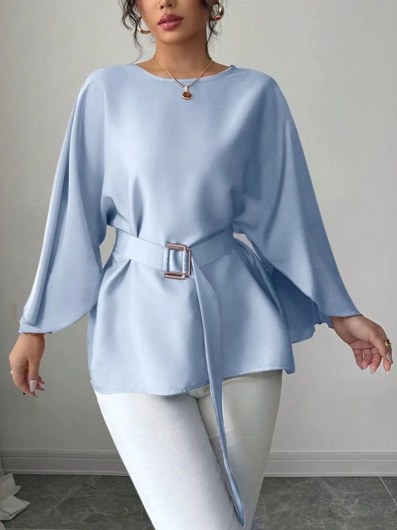 Batwing Sleeve Belted Blouse