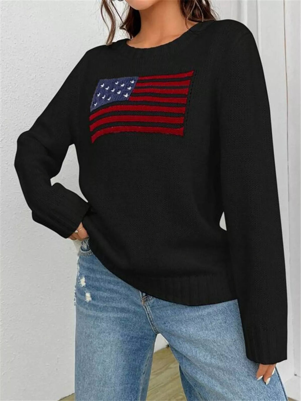 US Flag Round Neck Long Sleeve Sweater