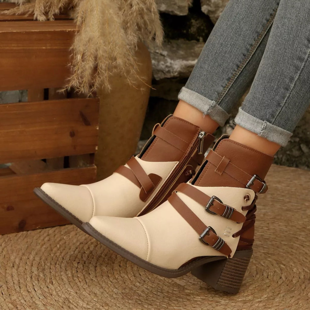 Point Toe Buckle Strap Ankle Boots with Block Heels