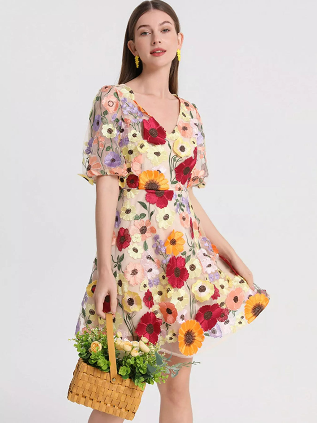 Plus Size Embroidered Floral V-Neck Mini Dress