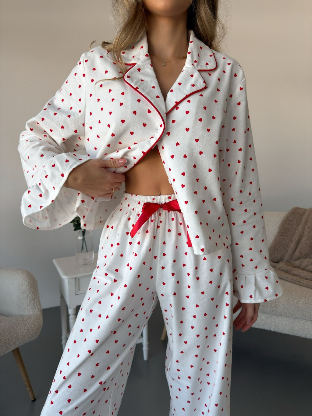 Heart Print Long Sleeve Top and Pants Lounge Set