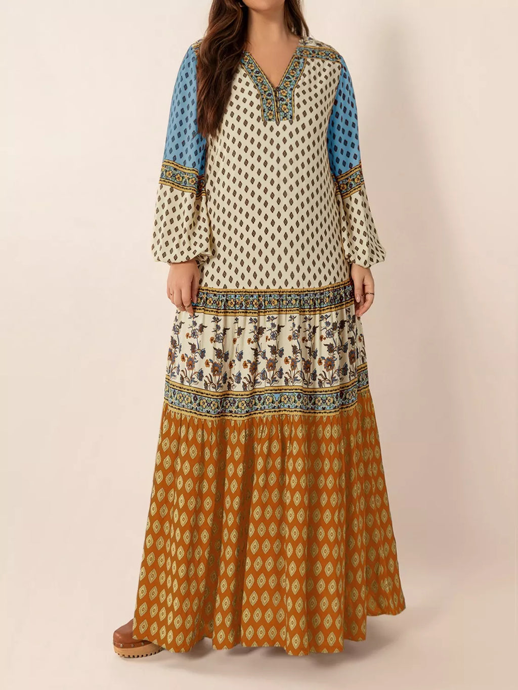 Bohemian Mixed Print Long Sleeve Maxi Dress