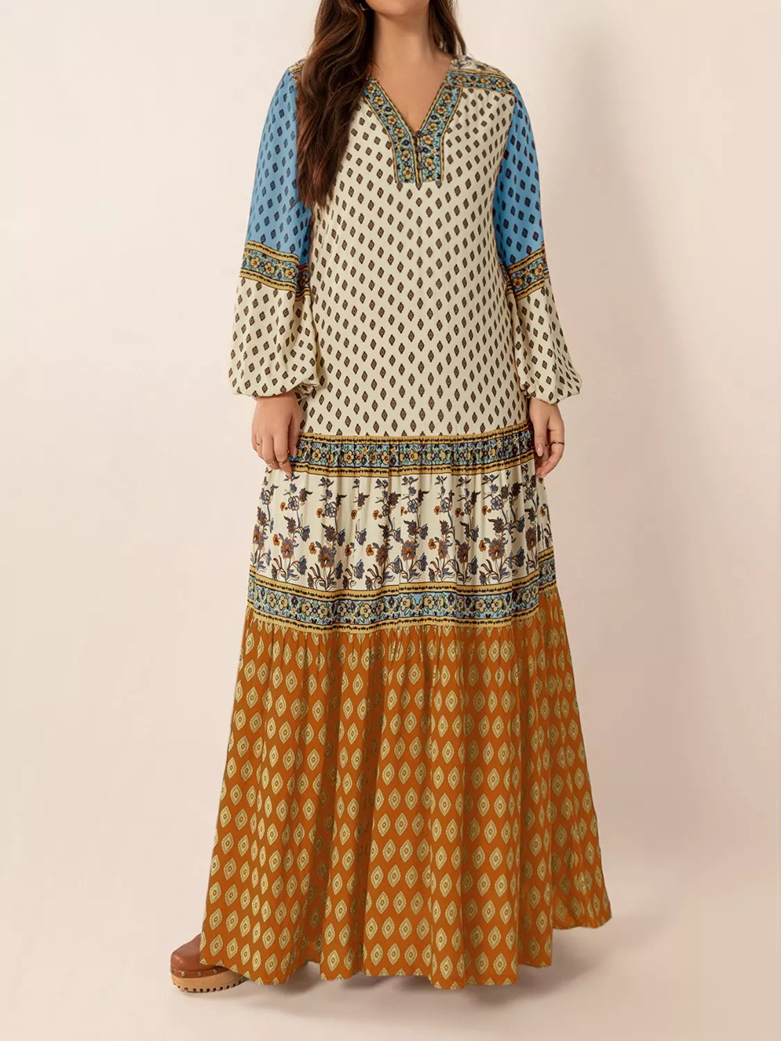 Bohemian Mixed Print Long Sleeve Maxi Dress