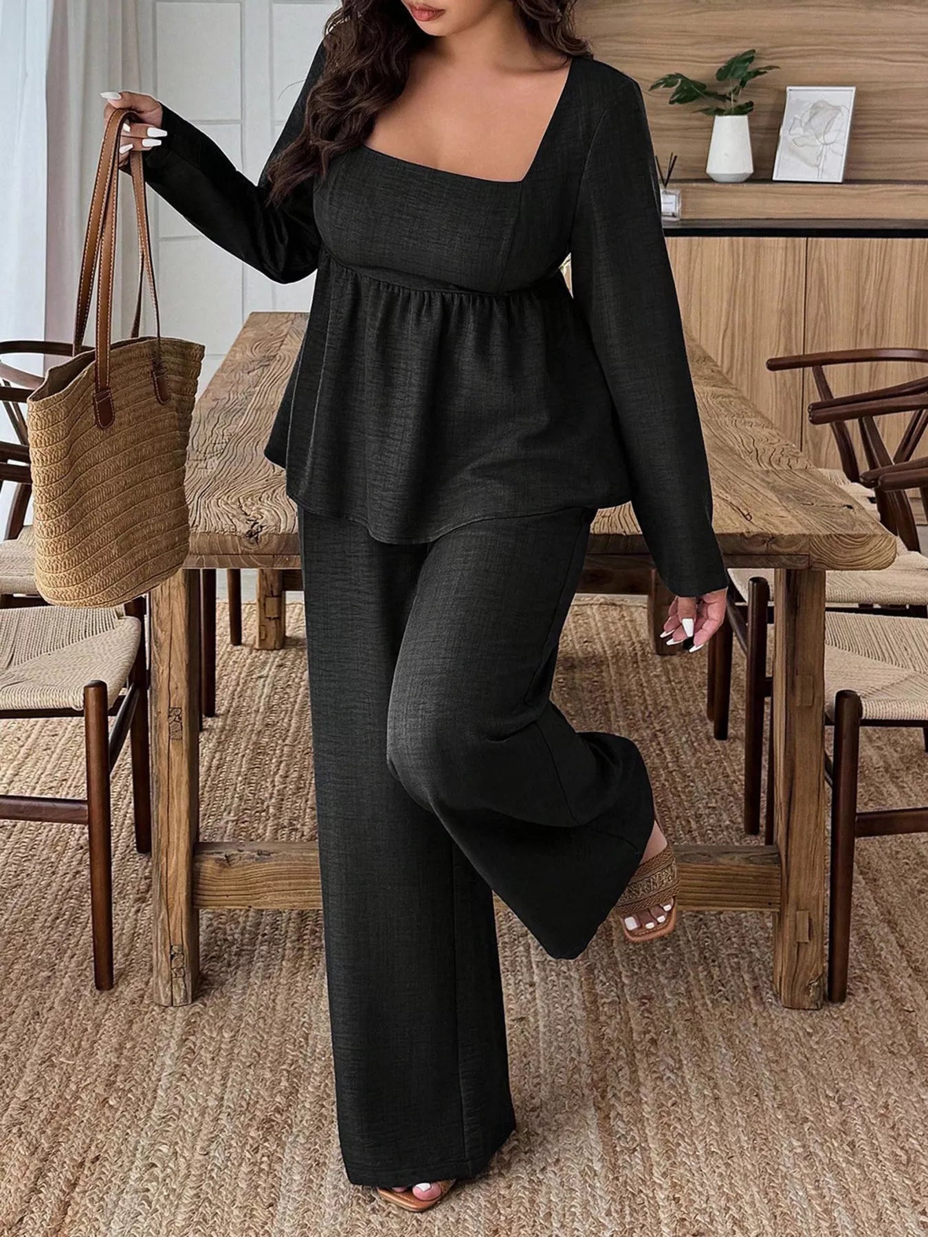 Plus Size Square Neck Long Sleeve Top and Pants Two-Piece Set