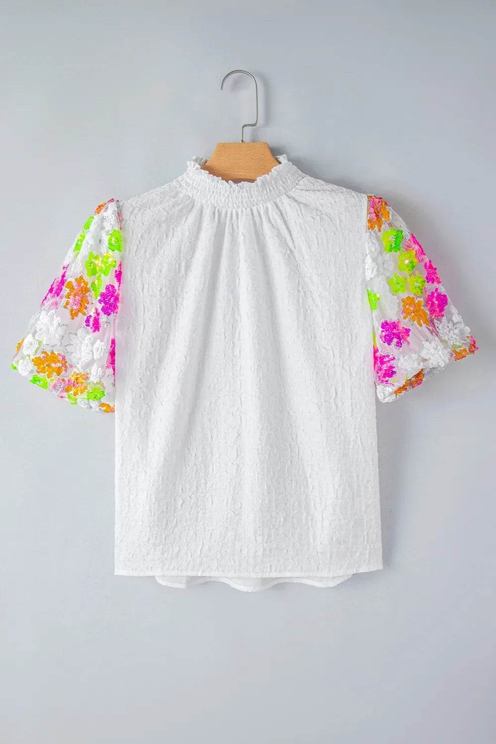 Sequin Flower Mock Neck Half Sleeve Blouse