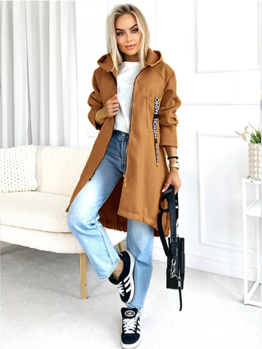 Full Size Zip Up Longline Hooded Outerwear Plus Size