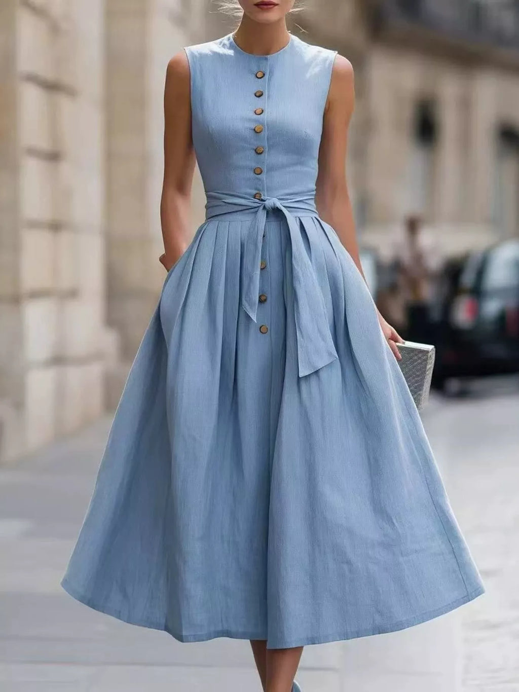 Full Size Sleeveless Button-Front Belted Midi Dress Plus Size
