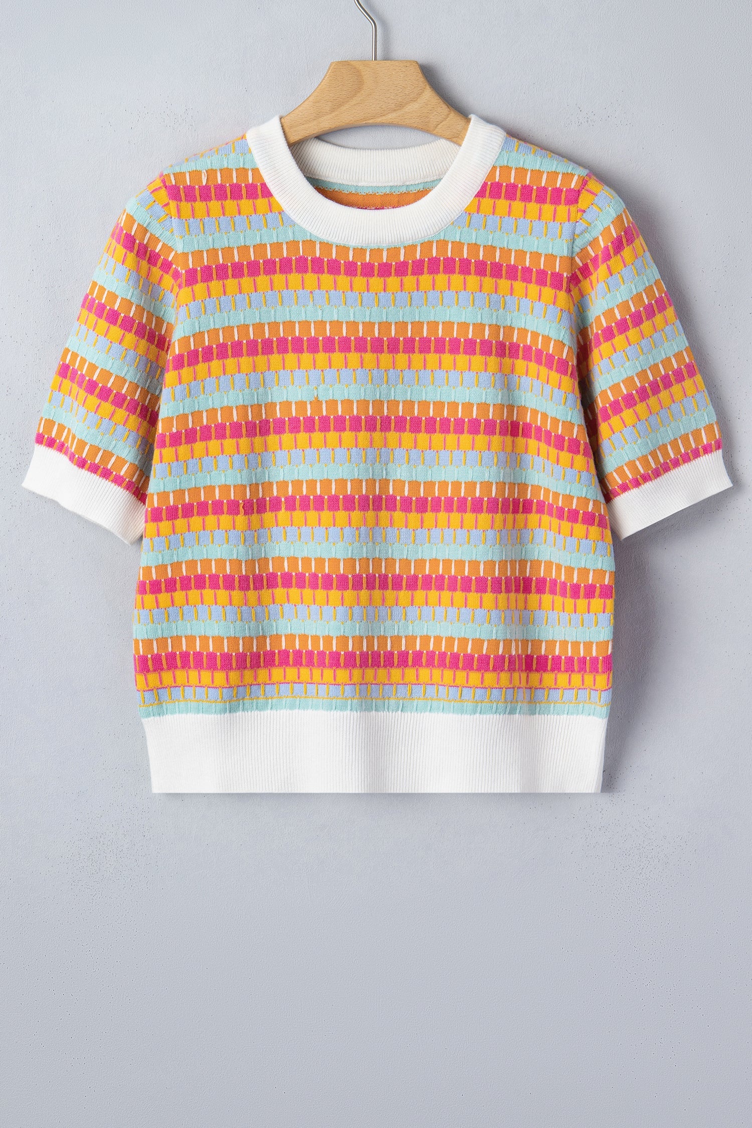 Abstract Stripe Short Sleeve Sweater Knit Top