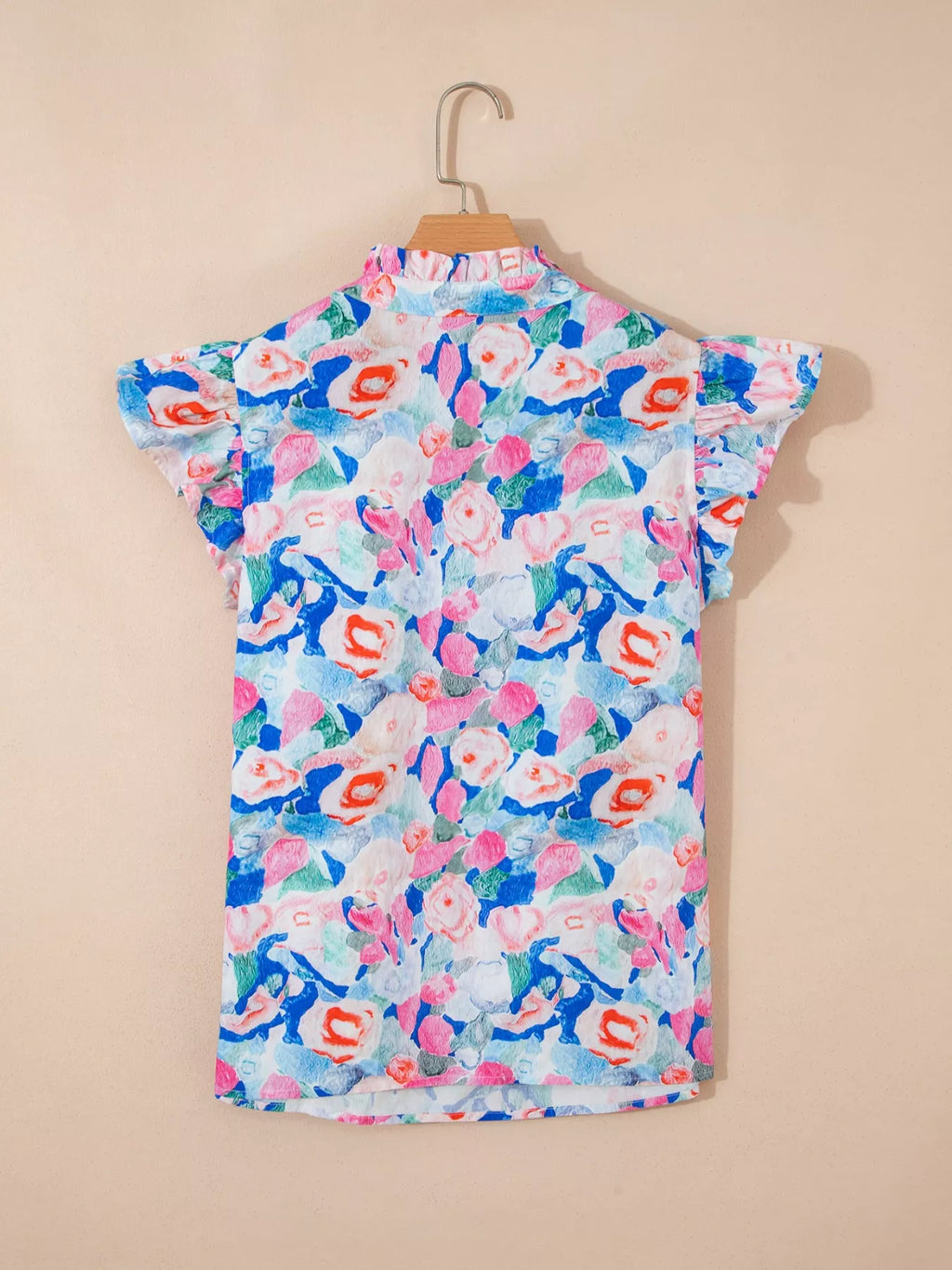 Floral Print Tie V Neck Contrast Detail Ruffle Short Sleeve Blouse