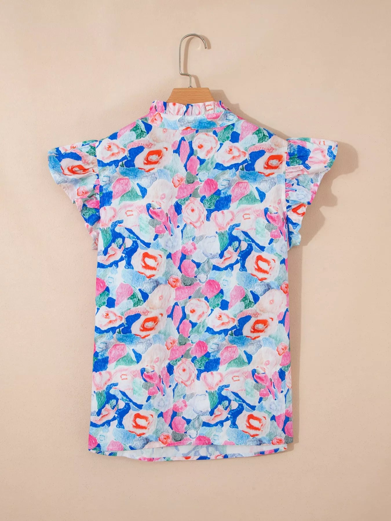 Floral Print Tie V Neck Contrast Detail Ruffle Short Sleeve Blouse