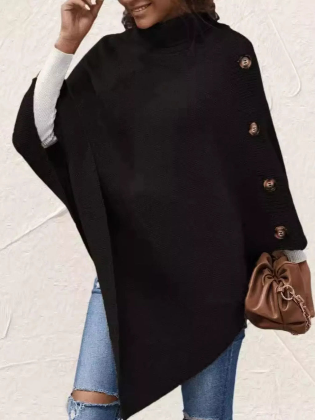 Button-Decor Turtleneck Poncho Pullover