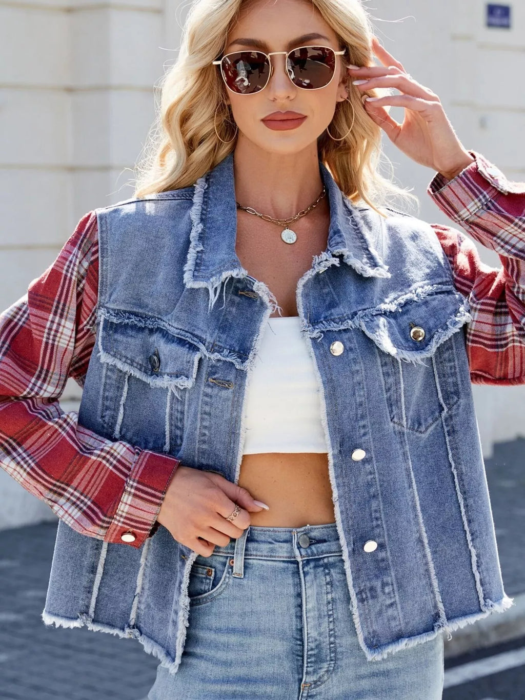 Raw Hem Plaid Sleeve Denim Jacket