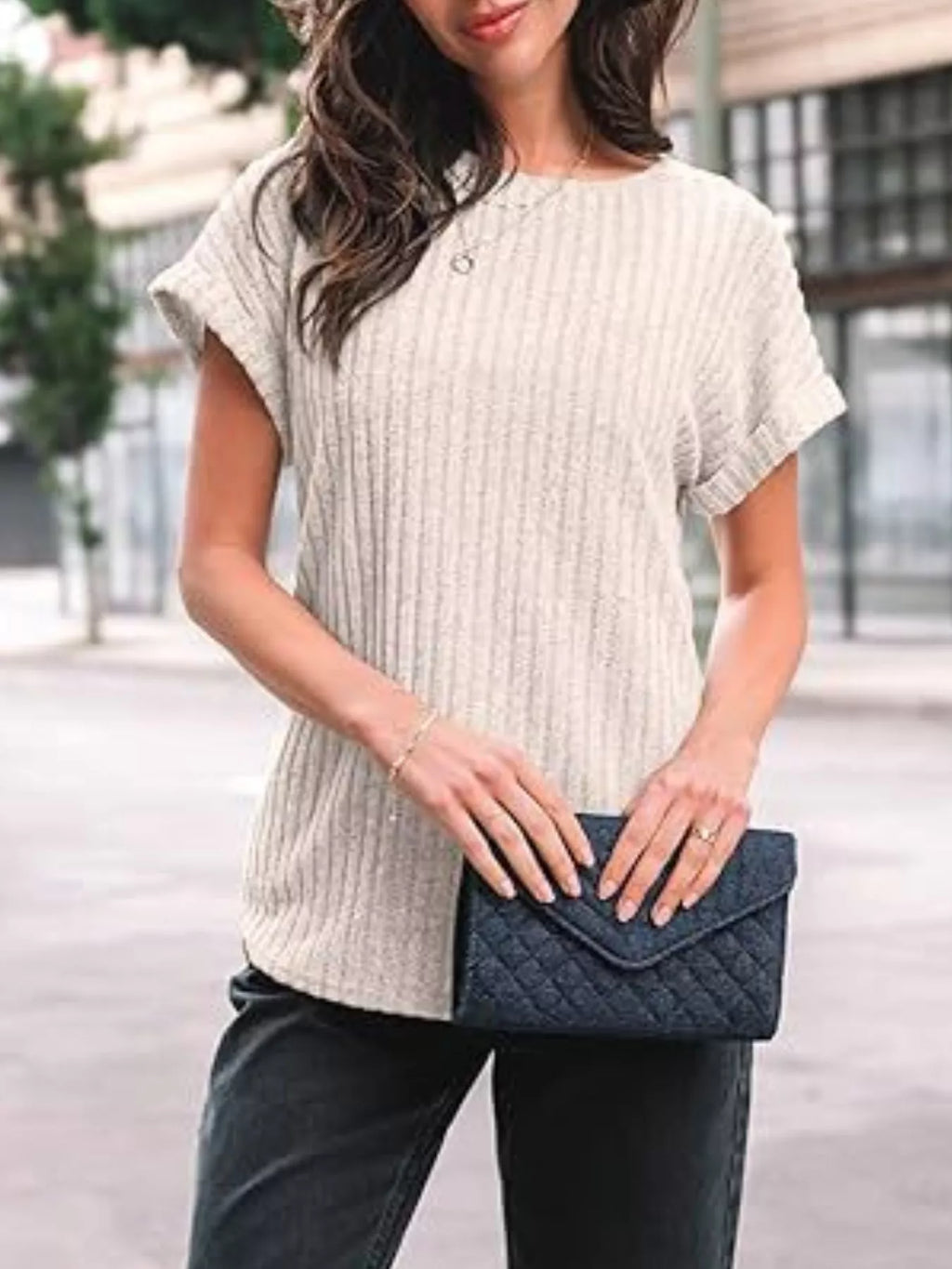 Casual Ribbed Knit Short Sleeve T-Shirt