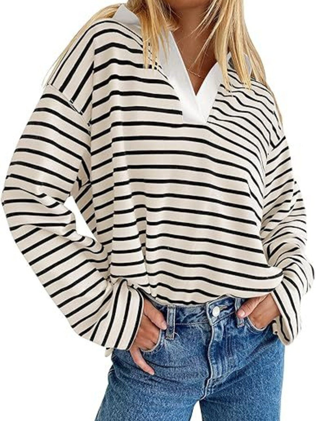 Striped Contrast Collar Long Sleeve Top