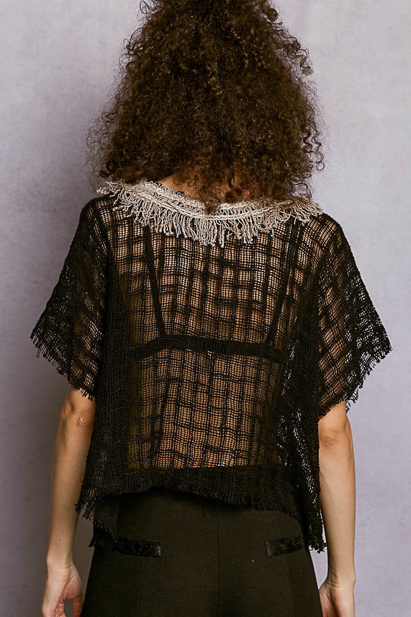 POL Texture Raw Hem Round Neck Short Sleeve Top