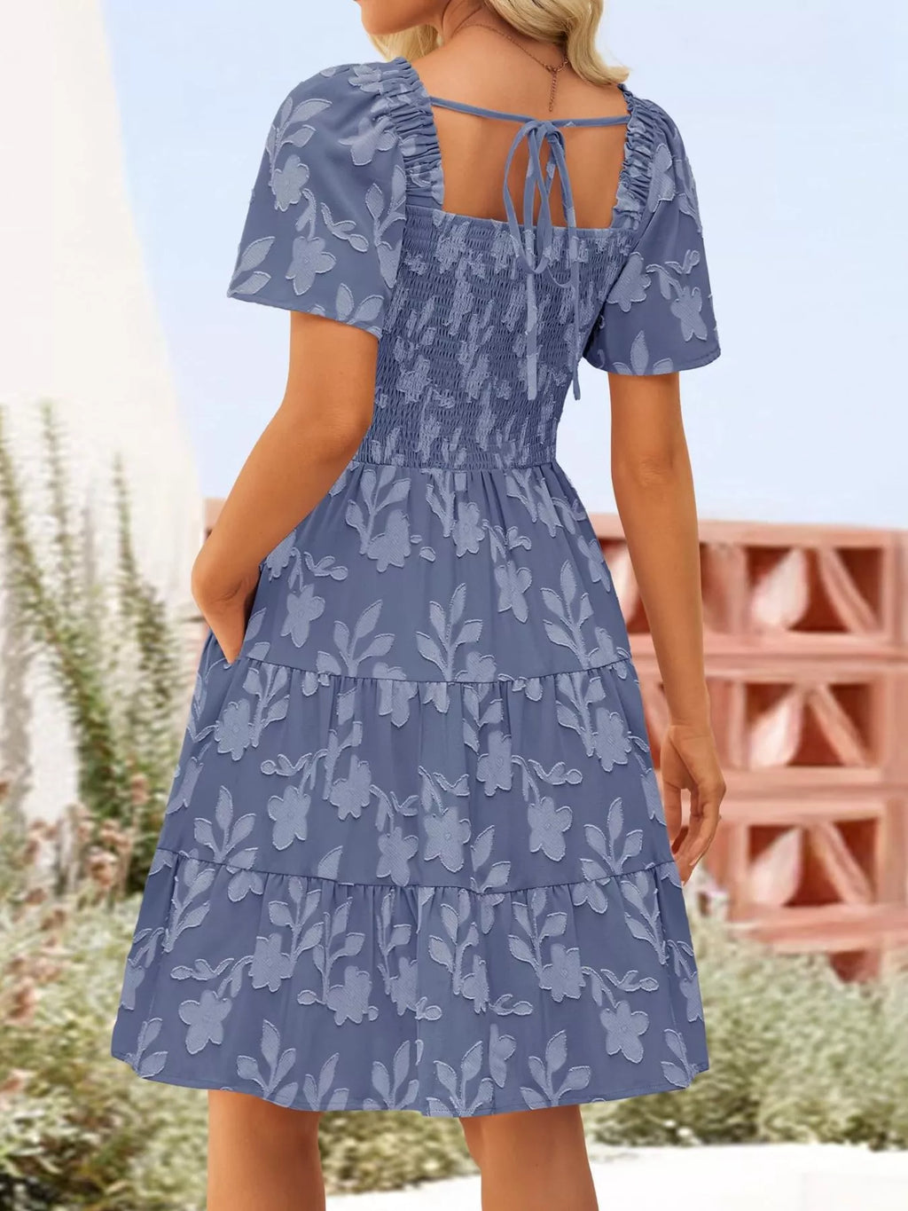 Smocked Square Neck Tiered Mini Dress