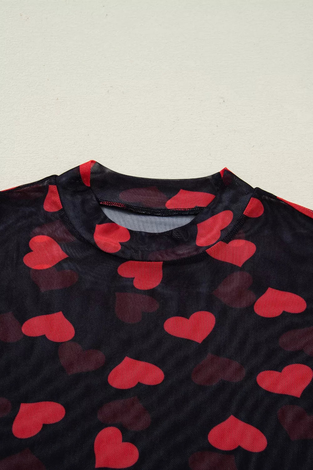 Valentines Heart Printed Sheer Mesh Long Sleeve Top