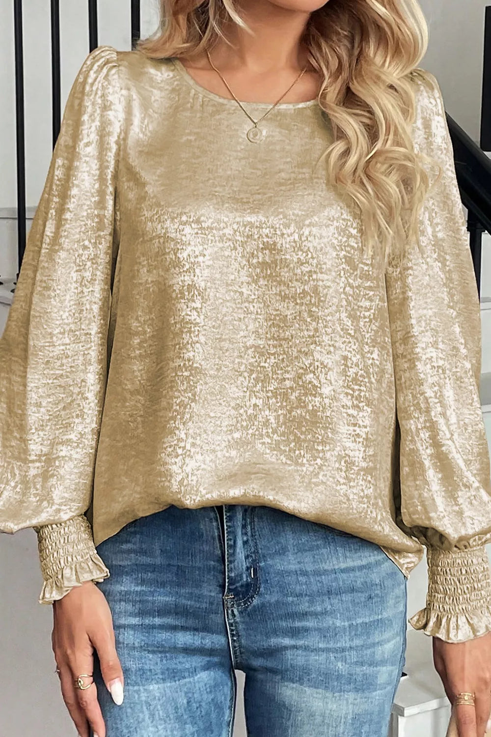 Round Neck Lantern Sleeve Blouse