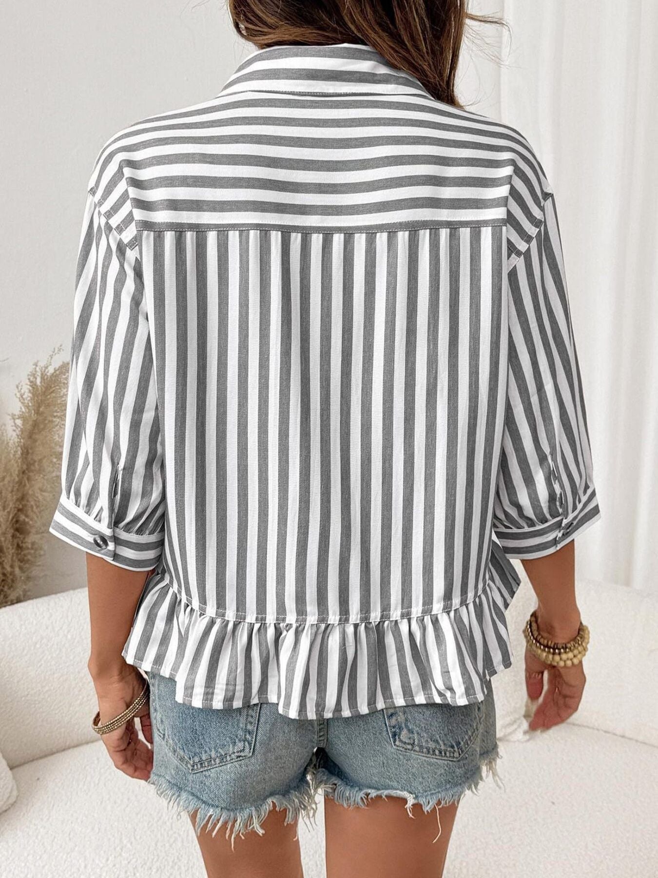 Striped Ruffle Hem Button-Down Shirt