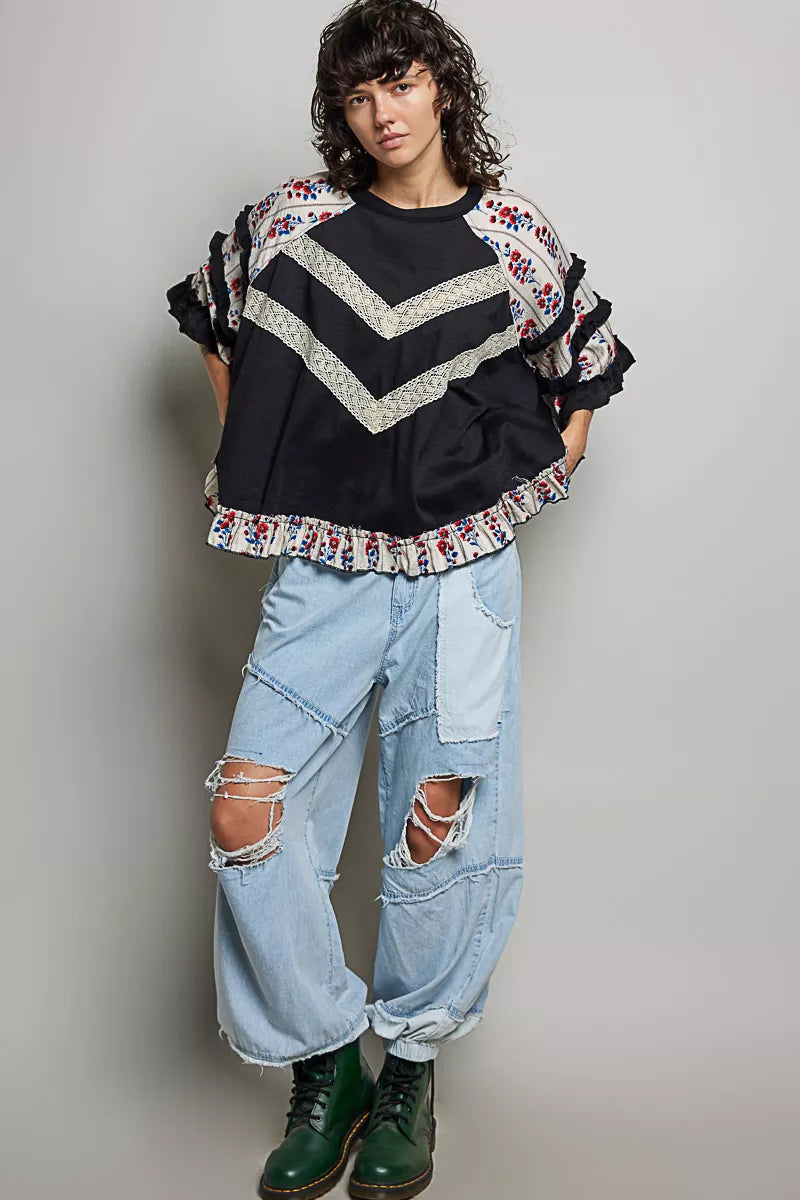 POL Round Neck Half Sleeve Contrast Floral Lace Oversized Knit Top