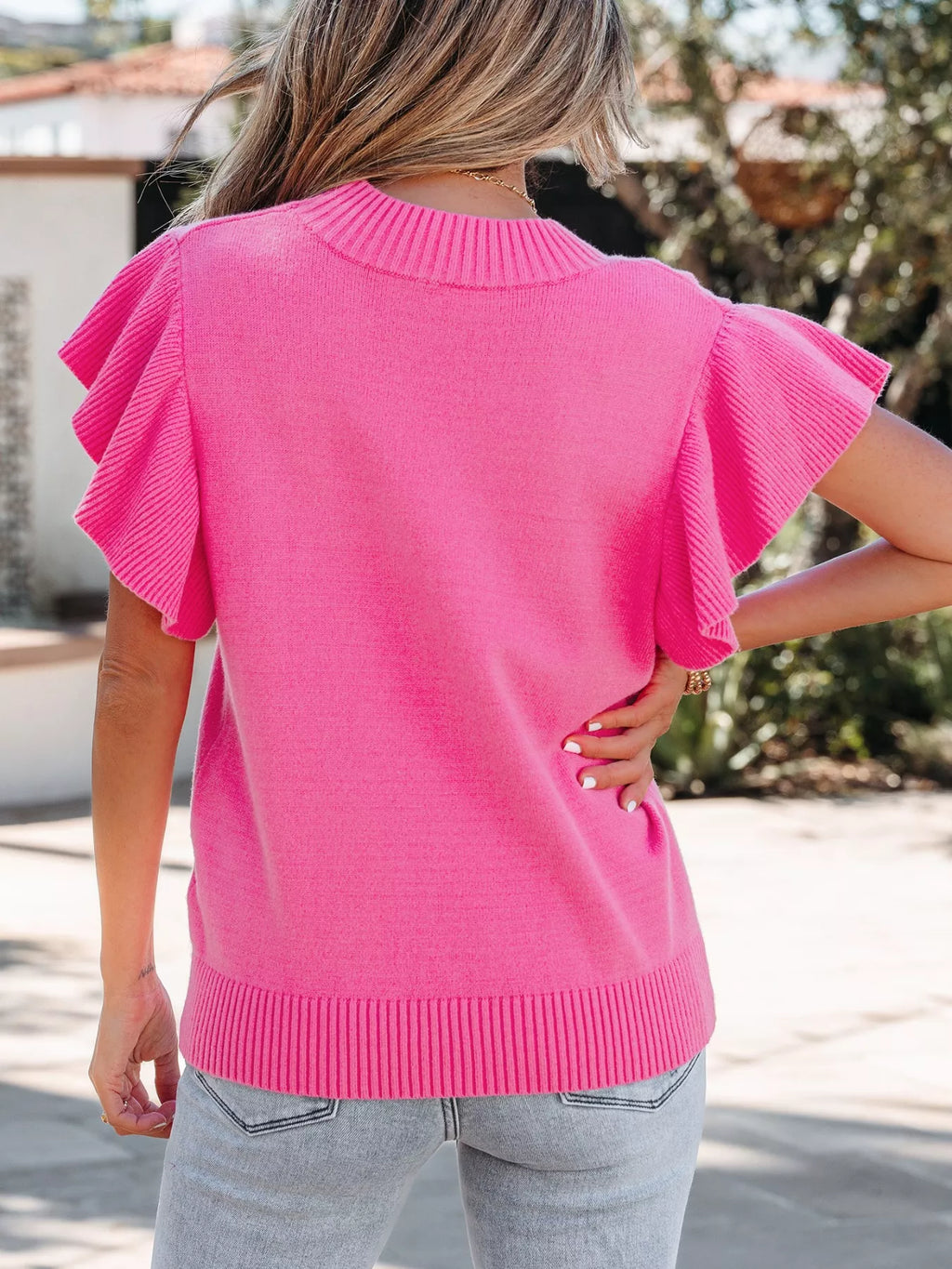 Ruffle Sleeve Round Neck Sweater