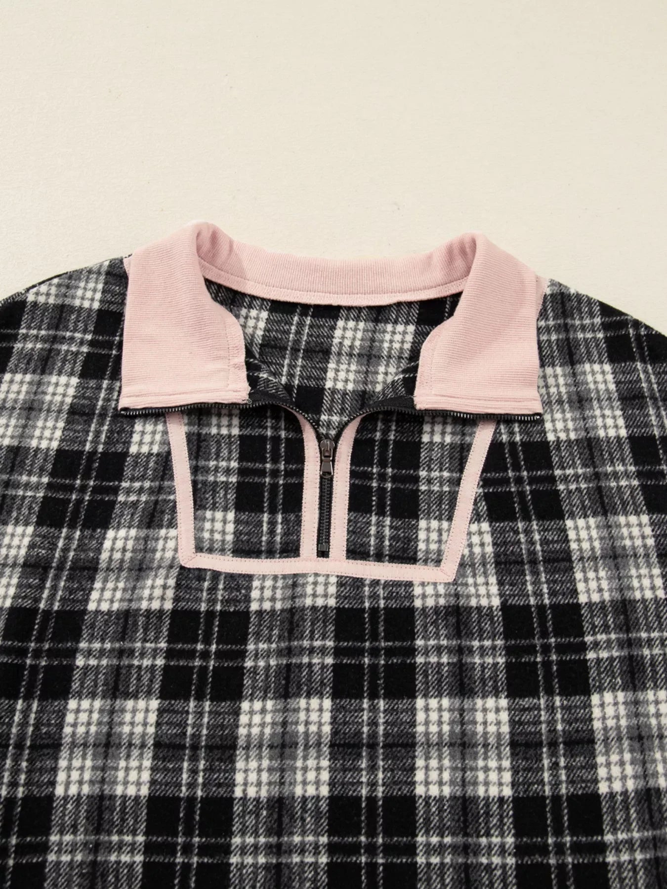 Plaid Polo Collar Zip up Contrast Trim Shift Long Sleeve Mini Dress