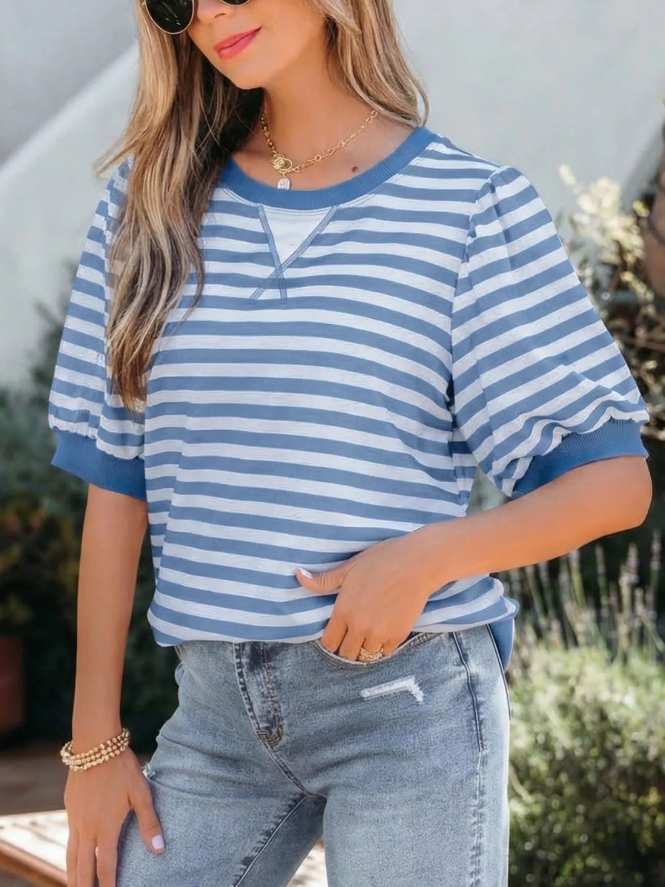 Stripe Short Bubble Sleeve T Shirt