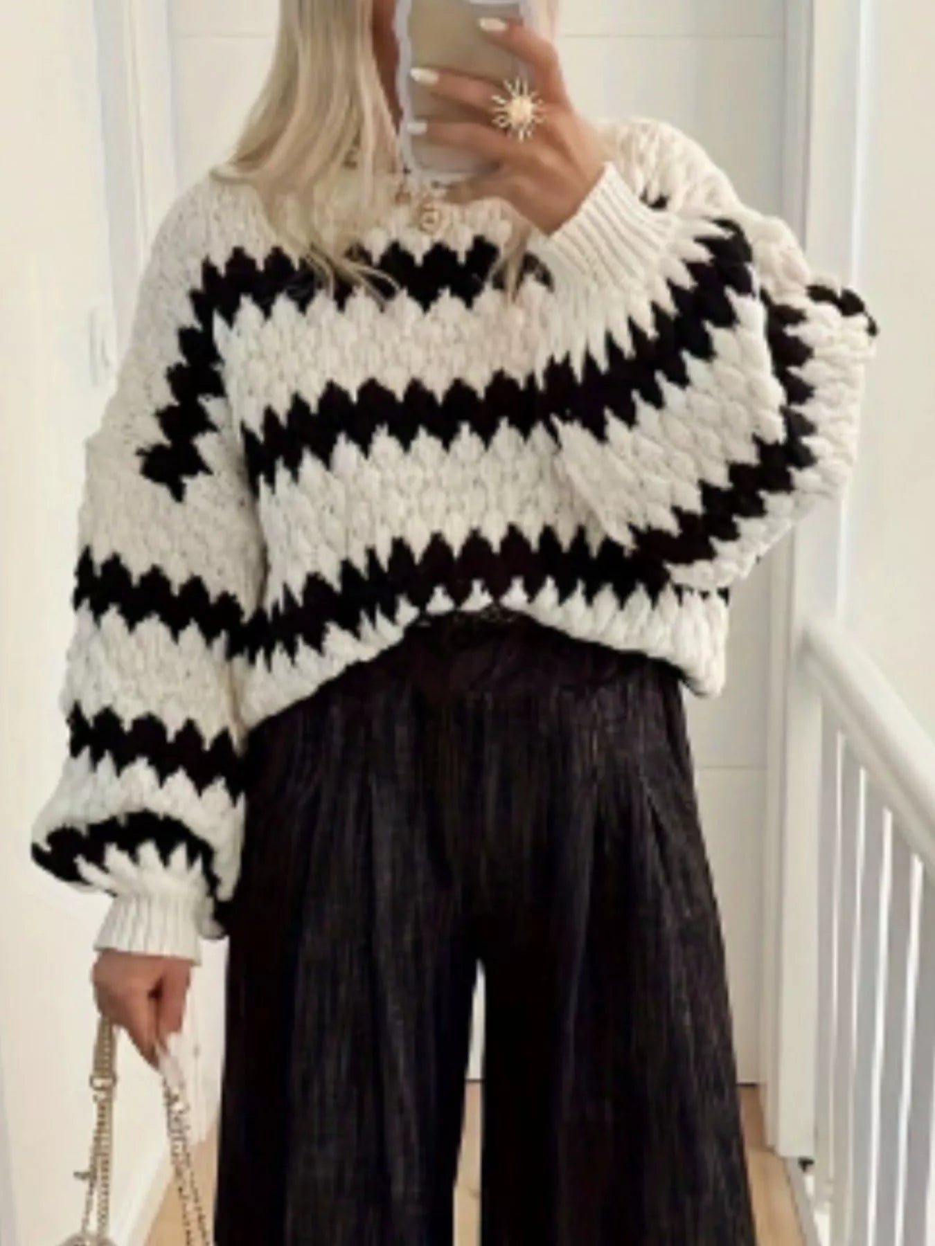 Striped Round Neck Dropped Shoulder Sweater