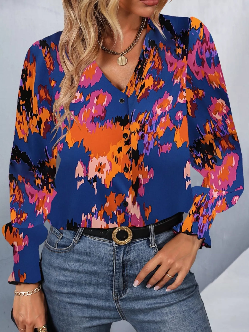 Printed Button Up Long Sleeve Shirt